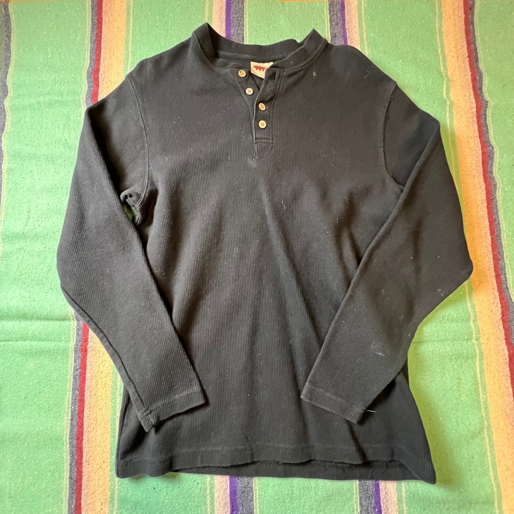 Field & Forest Henley Men Large Black Ribbed Long Sleeve Cotton Shirt